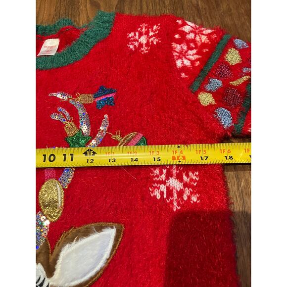 Girls Christmas Sweater L 10-12 Plus Red Reindeer Lights Ugly Xmas Holiday Time - Picture 4 of 7